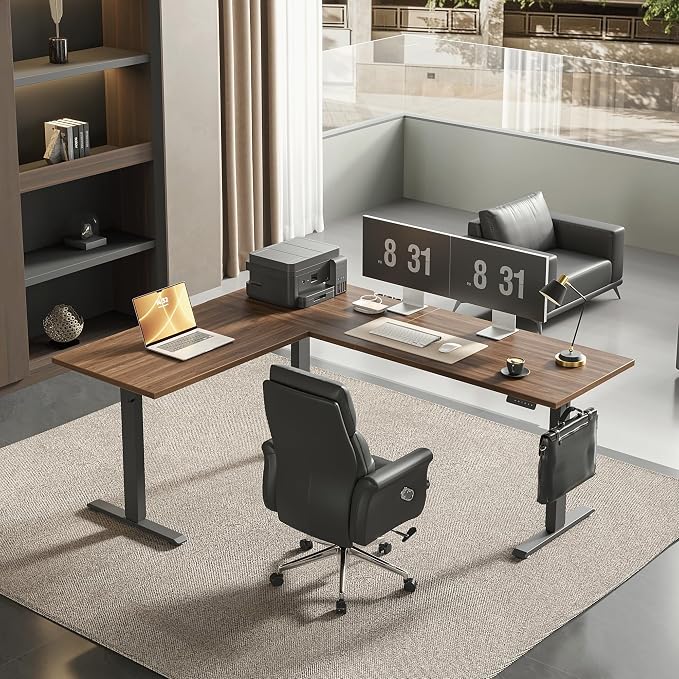 Agilestic 73 x 61 Inch L Shaped Electric Standing Desk, Dark Walnut | Tripple Motor, Corner Desk, Ample Workspace, Memory Presets, Hooks, Stable Steel Frame, 265 lbs, Splice Board