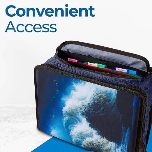 Case-it School Zipper Binder | 3" O-Rings | 600-Sheet | D-146 Tidal Wave | Mighty Zip Tab, 5-Color Tab Expanding File Folder, Multiple Pockets, Shoulder Strap, Office