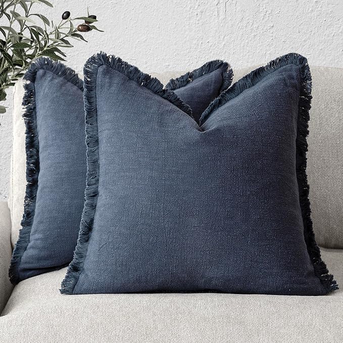 Foindtower Set of 2 Decorative Linen Fringe Throw Pillow Covers Cozy Boho Farmhouse Cushion Cover with Tassels Soft Accent Pillowcase for Couch Sofa Bed Living Room Home Decor, 22×22 Inch, Navy Blue