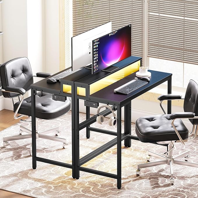 Small Computer Desk with Charging Station and LED Lights, Gaming Desk with Monitor Stand, 2-Tier Home Office Desk with 4 Side Hooks, for Living Room, Home Office, Black DN01UDBBY2