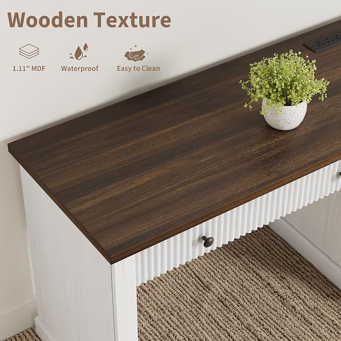 Garvee 54" Fluted Home Office Desk with File Drawer for Home Office | Modern Executive Desk with Charging Station, Wooden Compute Writing Desk for Study Room, White