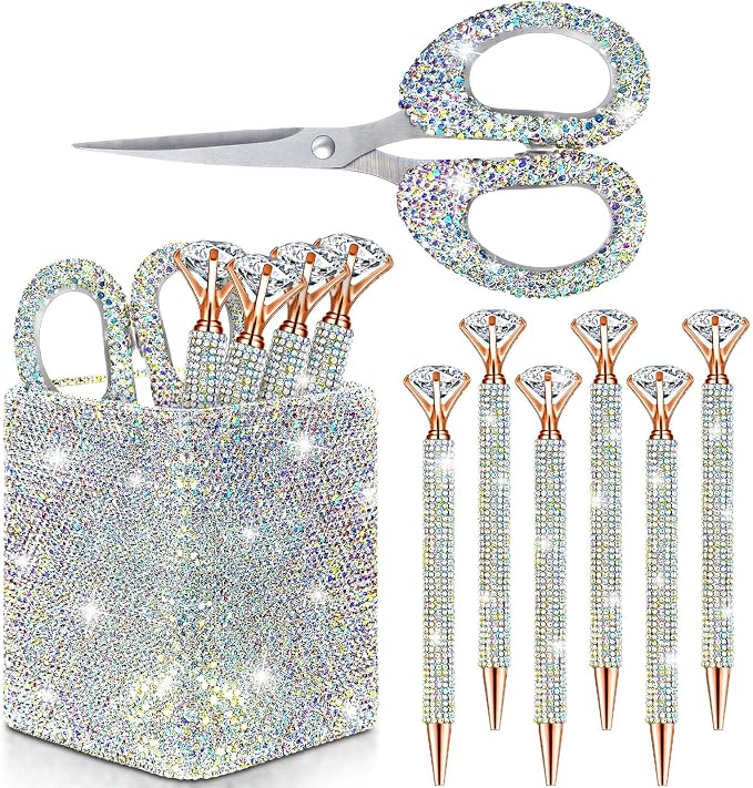 Qilery 8 Pcs Bling Desk Accessories Gift with 1 Bling Pen Holder 6 Pcs Crystal Rhinestone Pens 1 Crystal Scissors Glitter Makeup Brush Holder Valentines Gift Vanity Decor Organizer(Multicolor)