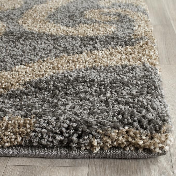 SAFAVIEH Florida Shag Collection 4' x 4' Round Grey/Beige SG462 Damask Non-Shedding Living Room Bedroom Dining Room Entryway Plush 1.2-inch Thick Area Rug