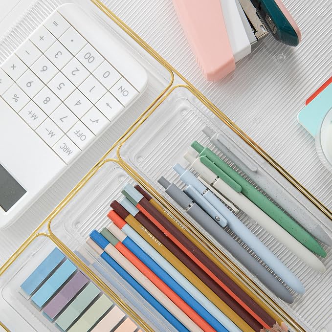 Martha Stewart Kerry Stackable Desk Drawer Organizers, Clear/Gold, 5-Pack | Various Sizes, Gold Trim, Stackable