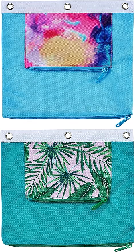 It's Academic Pencil Pouch for 3-Ring Binder, 2-Pockets with Zipper, for School Supplies, Large & Mini Pouch, Palm Tree & Watercolor Design, 2-Pack