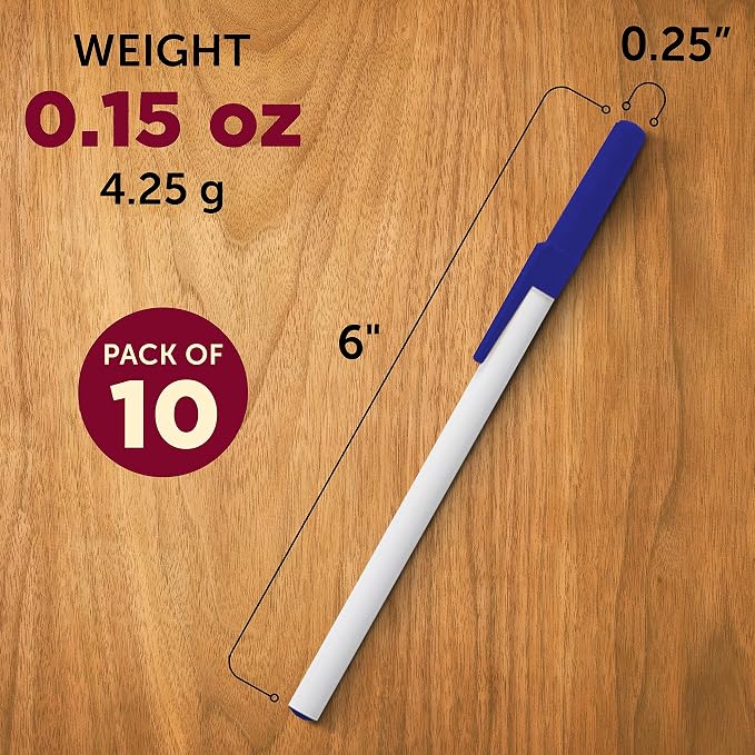DISCOUNT PROMOS Value Stick Pens Set of 10, Bulk Pack - Black Ink, Great for Office, School, Business, Tradeshows, Events - Blue