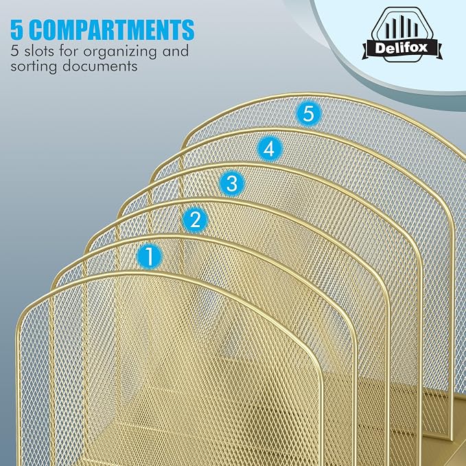 Delifox Inclined Desk File Organizer,Vertical File Folder Holder Stand Metal Rack File Sorter for Office Classroom Desktop Organization (1, Gold, 5)