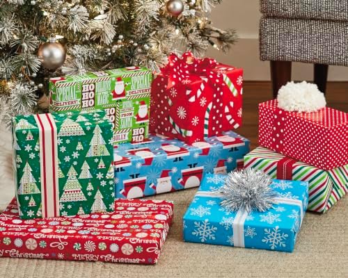 Hallmark Reversible Quad Pack Wrapping Paper (Santa & Trees, 4 Gift Wrap Rolls)