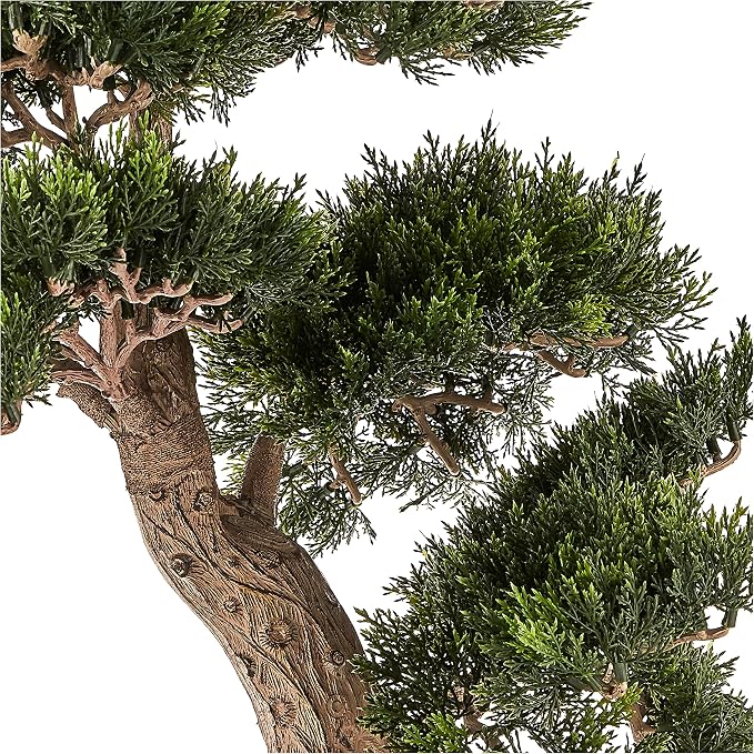 Nearly Natural 4103 24in. Cedar Bonsai Silk Plant,Green | Exposed-Root System, Artfully Trimmed Bonsai Replica, Rectangular Shaped Planter, Maintenance-Free Office Accent