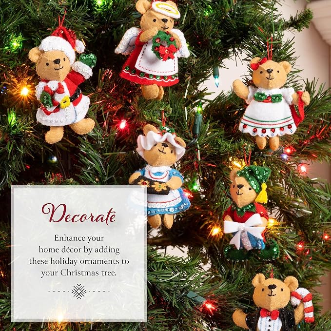 Bucilla Felt Applique 6 Piece Ornament Making Kit, Teddy Bear Traditions, Perfect for DIY Arts and Crafts, 89646E