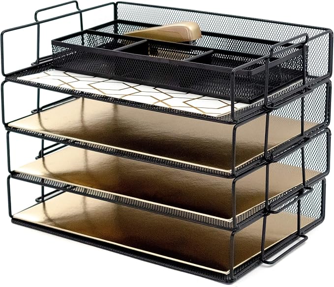 BLU MONACO 4-Tier Stackable Paper Tray for Desk Organization | Black Metal Mesh Letter File Holder | Tiered Desk Organizer for Office Workspace Document Storage 14.8 x 13 x 10.9 in