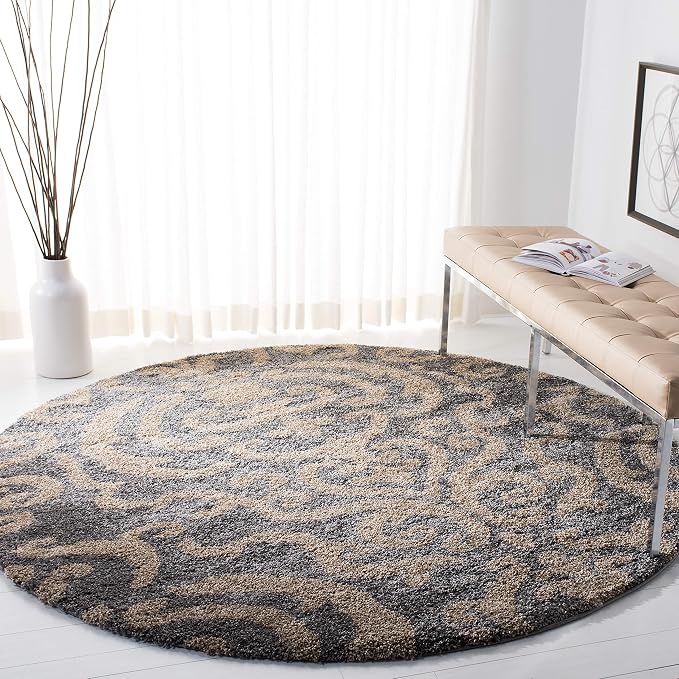 SAFAVIEH Florida Shag Collection 4' x 4' Round Grey/Beige SG462 Damask Non-Shedding Living Room Bedroom Dining Room Entryway Plush 1.2-inch Thick Area Rug