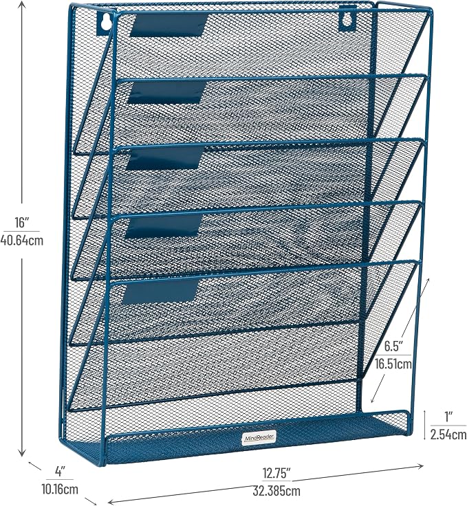 Mind Reader 5-Pocket Vertical File Storage, Desktop Organizer, Wall Mount, Office, Metal Mesh, Turquoise
