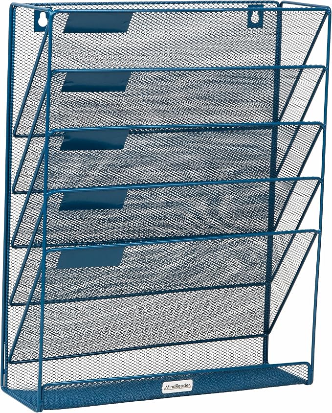 Mind Reader 5-Pocket Vertical File Storage, Desktop Organizer, Wall Mount, Office, Metal Mesh, Turquoise