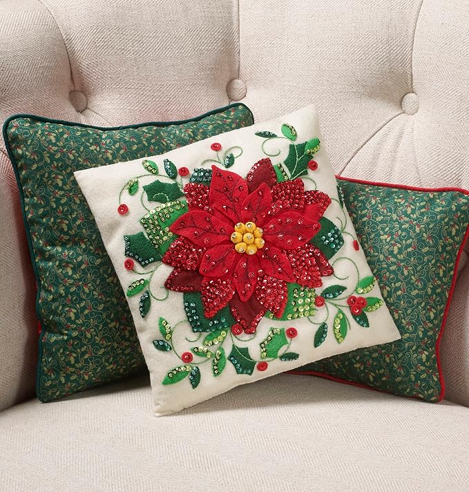 Bucilla Felt Applique Kit, 10" x 10" Holiday Felt Pillow Kit, Elegant Poinsettia