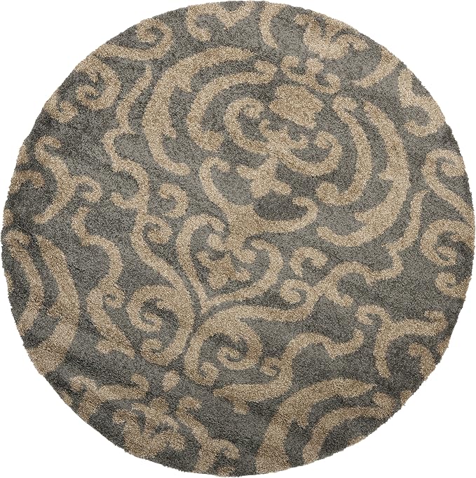 SAFAVIEH Florida Shag Collection 4' x 4' Round Grey/Beige SG462 Damask Non-Shedding Living Room Bedroom Dining Room Entryway Plush 1.2-inch Thick Area Rug