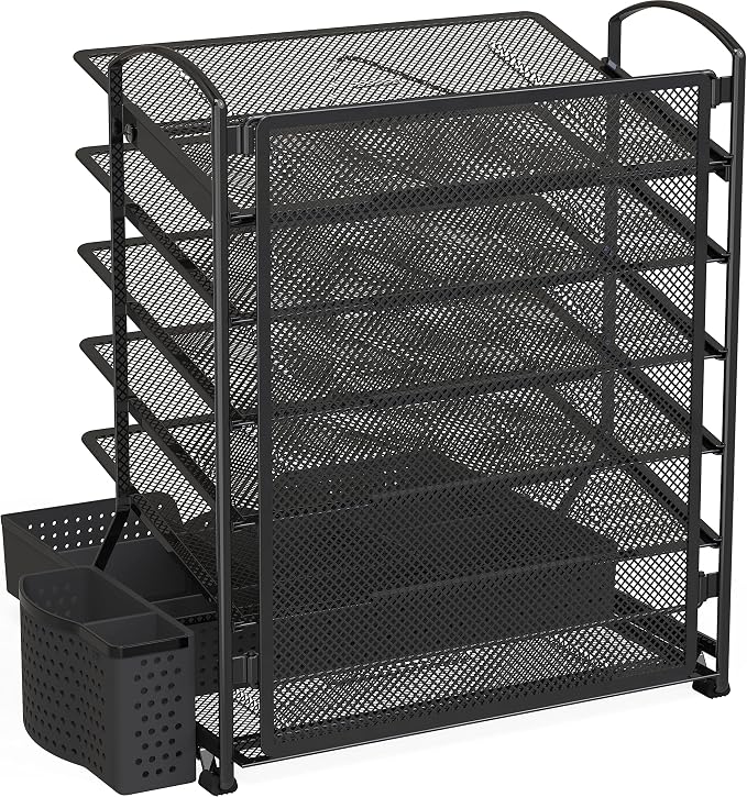 Simple Houseware 6-Tier Desk File Organizer w/Drawer & Pen Holder, Black | 5 Tilted Letter Trays for A4 Paper, Mail and Documents
