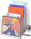 Delifox Inclined Desk File Organizer,Vertical File Folder Holder Stand Metal Rack File Sorter for Office Classroom Desktop Organization (1, Silver, 5)