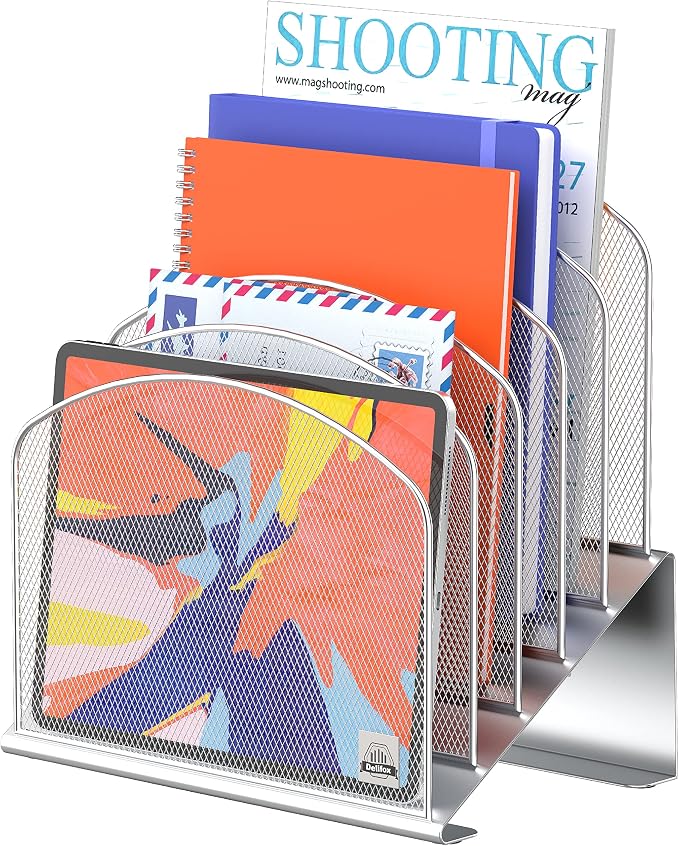 Delifox Inclined Desk File Organizer,Vertical File Folder Holder Stand Metal Rack File Sorter for Office Classroom Desktop Organization (1, Silver, 5)