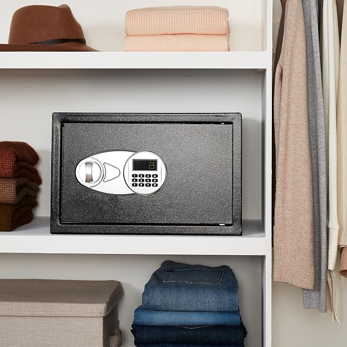 Amazon Basics Steel Security Safe and Lock Box with Digital Keypad, Easy to Use, Removable Shelf, Secure Cash, Jewelry, Documents, Black, 1.2 Cubic Feet, 16.9-x-14.6-x-10.6-inches (WxDxH)