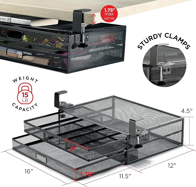 Homeify Under Desk Drawer Organizer Clamp-On, Mesh Metal Drawer Attachment, 2 Drawer Slide Out, On Or Under Desk Organizer For Office Supplies & Home Essentials (2 Drawers)