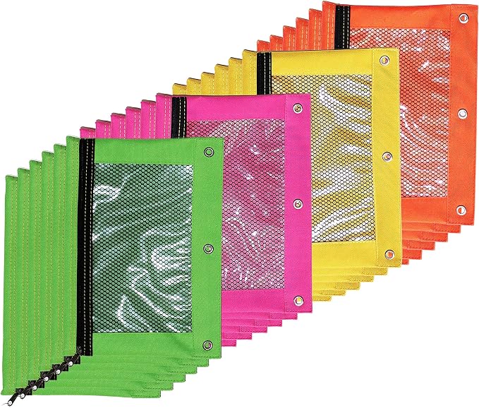 BAZIC PRODUCTS Bright Color 3-Ring Pencil Pouch with Mesh Window, 24-Box | clear mesh window and a zipper closure for pens, pencils, supplies