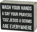 Funny Wash Your Hands Sign, Primitives by Kathy Classic Box Sign, Jesus & Germs are Everywhere, Stripe Trim with Distressed Details, 5 by 4 Inches, Designed for Wall or Shelf Display