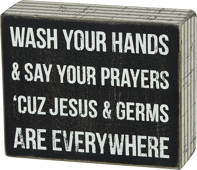 Funny Wash Your Hands Sign, Primitives by Kathy Classic Box Sign, Jesus & Germs are Everywhere, Stripe Trim with Distressed Details, 5 by 4 Inches, Designed for Wall or Shelf Display