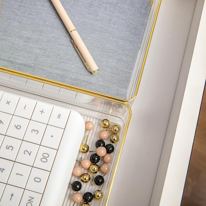 Martha Stewart Kerry Stackable Desk Drawer Organizers, Clear/Gold, 3-Pack | 9x6 in Organizers, Gold Trim, Stackable