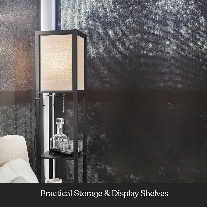 Brightech Maxwell - Modern Shelf Floor Lamp with Lamp Shade & Warm White LED Bulb, Corner Display Floor Lamp with Shelves for Living Room, Bedroom, Nightstand Office, Home Decor Storage - Black