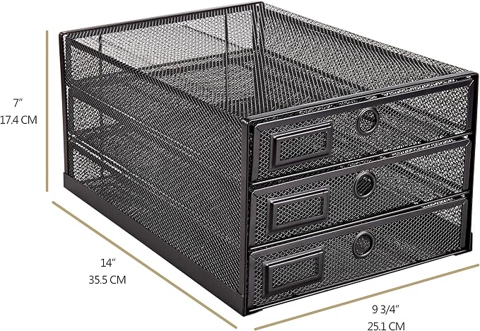 Annova Desk Organizer Wire Mesh 3 Tier Sliding Drawers Paper Sorter/Multifunctional/Premium Solid Construction for Letters, Documents, Mail, Files, Paper, Kids' Art Supplies (Black)