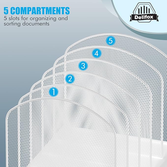 Delifox Inclined Desk File Organizer,Vertical File Folder Holder Stand Metal Rack File Sorter for Office Classroom Desktop Organization (2, White, 5)