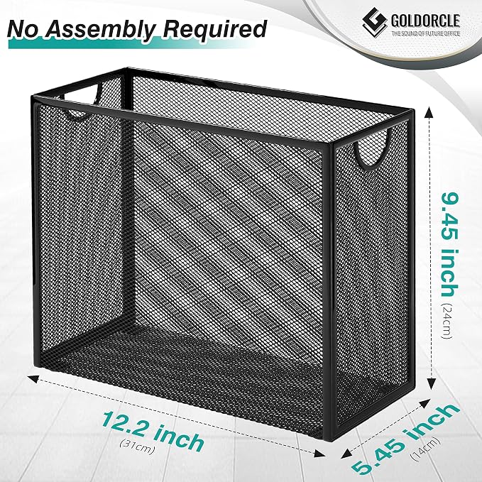 Hanging File Organizer, File Folder Organizer with Handles, Metal Mesh File Crate Storage Box, Letter Size (with 5 Grey Folders)