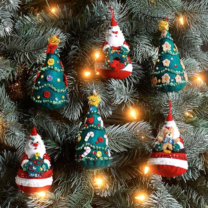 Bucilla Felt Applique 6 Piece Ornament Making Kit, Santa's Tree Treasures, Perfect for DIY Arts and Crafts, 89489E