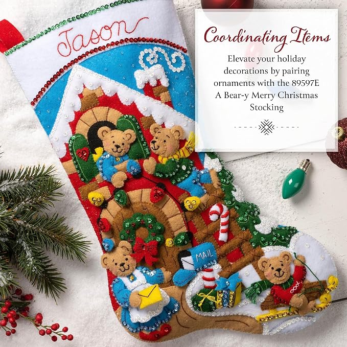 Bucilla Felt Applique 6 Piece Ornament Making Kit, Teddy Bear Traditions, Perfect for DIY Arts and Crafts, 89646E
