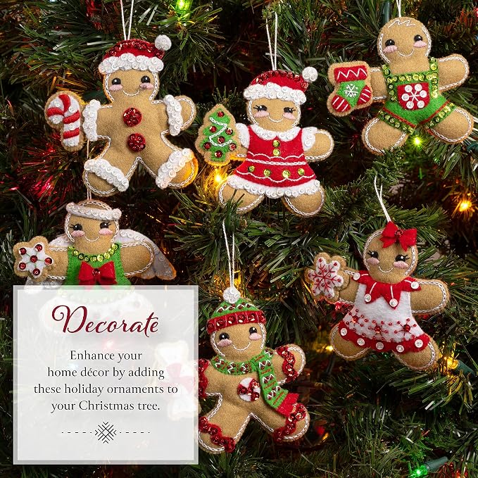 Bucilla Felt Applique 6 Piece Ornament Making Kit, Dressed Up Gingerbread, Perfect for DIY Arts and Crafts, 89644E