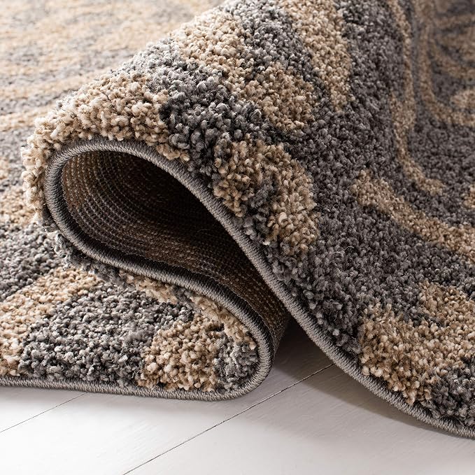 SAFAVIEH Florida Shag Collection 4' x 4' Round Grey/Beige SG462 Damask Non-Shedding Living Room Bedroom Dining Room Entryway Plush 1.2-inch Thick Area Rug