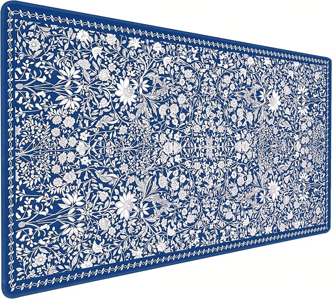 Cute Floral Aesthetic Daisy Gaming Mouse Pad, White Blue Chinoiserie Desk Mat with Anti-Slip Base & Stitched Edges, Office Supplies & Desk Decor for Women, 35.4" x 15.7" in Home Office Essentials