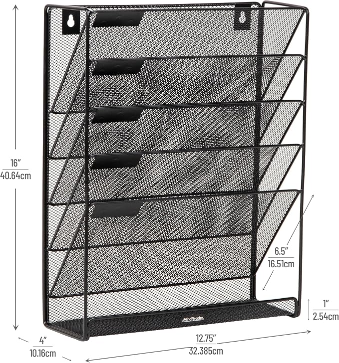 Mind Reader 5-Pocket Vertical File Storage, Desktop Organizer, Wall Mount, Office, Metal Mesh, Black