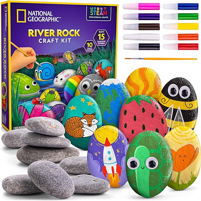 National Geographic Rock Painting Arts and Crafts Activity Kit for Kids | 15 River Rocks, 10 Paint Colors, Brushes and Art Supplies, Outdoor Craft Activity, Creative Play, Birthday Gift