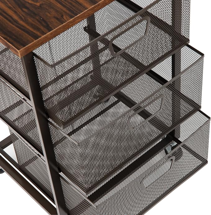 Mind Reader 3 Drawer Storage Organizer with Wood Top, Rolling Office Organizer Cabinet with Wheels, Office, Metal Mesh, Black