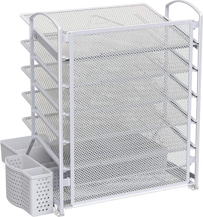 Simple Houseware 6-Tier Desk File Organizer w/Drawer & Pen Holder, Silver | 5 Tilted Letter Trays for A4 Paper, Mail and Documents