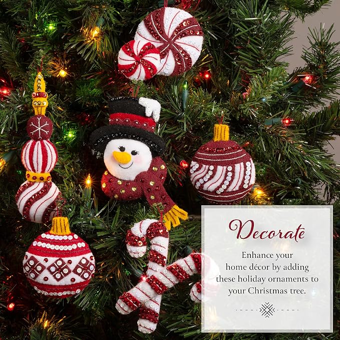 Bucilla Felt Applique 6 Piece Ornament Making Kit, Snowman's Peppermint Collection, Perfect for DIY Arts and Crafts, 89659E