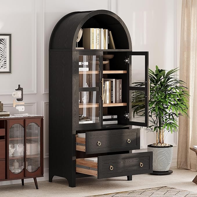 71" Arched Storage Cabinets with Glass Doors, Farmhouse Kitchen Pantry Cabinet with 2 Large Drawers, Tall Bookcase with Adjustable Shelves, Curio Cabinet, Display Cabinet (Black)