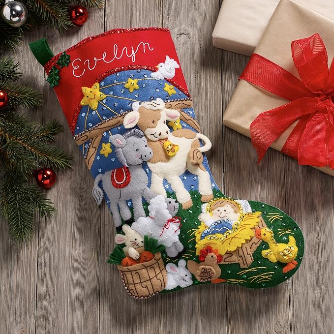Bucilla Felt Applique 18" Stocking Making Kit, Christmas Nativity, Perfect for DIY Arts and Crafts, 89531E