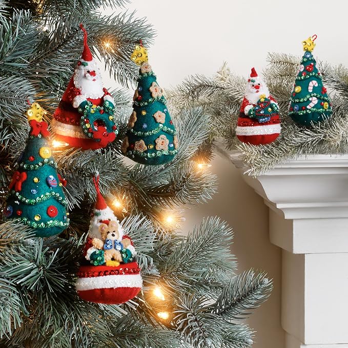 Bucilla Felt Applique 6 Piece Ornament Making Kit, Santa's Tree Treasures, Perfect for DIY Arts and Crafts, 89489E