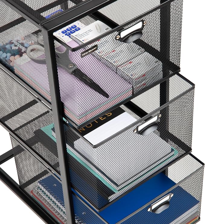 Mind Reader Office Storage Organizer with Mesh Drawers Label Holders and Optional Wheels, Metal Mesh, Black