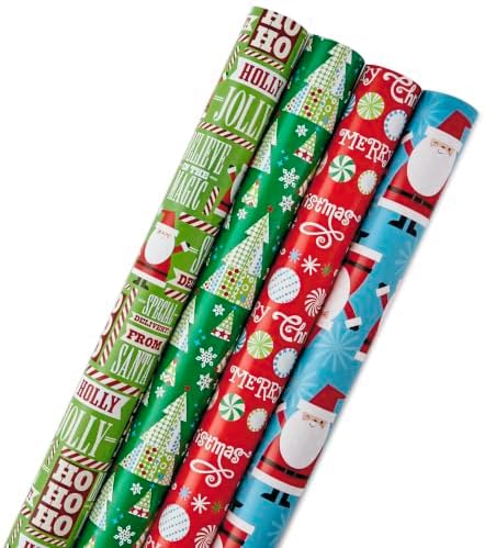 Hallmark Reversible Quad Pack Wrapping Paper (Santa & Trees, 4 Gift Wrap Rolls)
