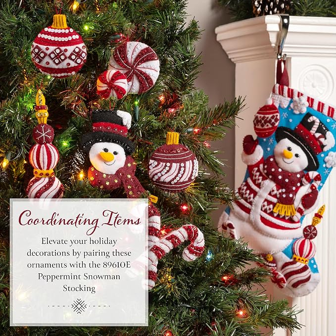 Bucilla Felt Applique 6 Piece Ornament Making Kit, Snowman's Peppermint Collection, Perfect for DIY Arts and Crafts, 89659E